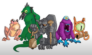 Season 2, episode 6's monsters. These monsters were made by the Monster Handlers. From left to right: A tan frog (Ally), a bird/reptile Monster (Ben), a gargoyle holding a cowbell (Bell), a purple ape-like Monster (Jenn) and a one-eyed Monster with a log (Tyson).