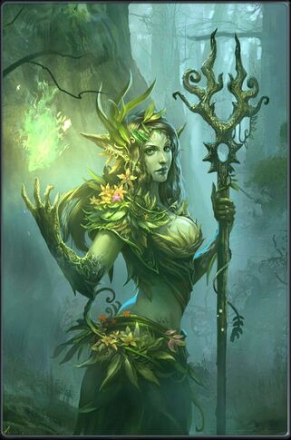 A green skinned woman with bark like a tree. She has plants and flowers growing over her.