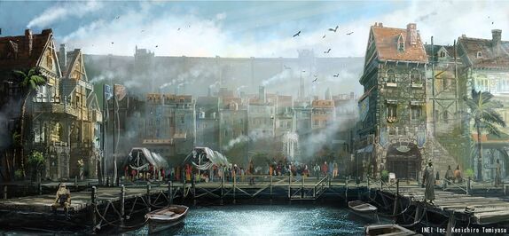 The docks of Estvale lined with tall, narrow buildings. A large stone wall rises up in the distance.