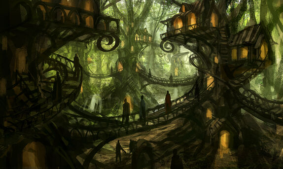 Buildings and houses are built up into the treetops of massive trees with bridges connecting the treetop city.
