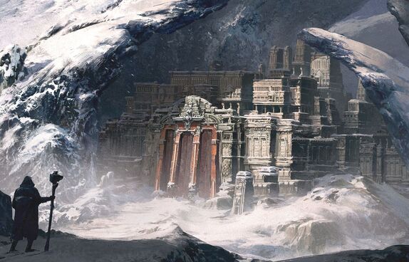 A solid looking fortress of stone sits nestled in the snowy mountains.