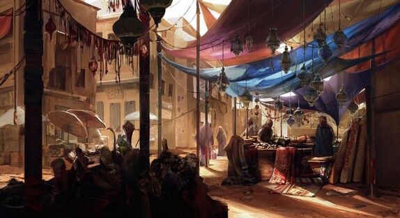 Sandstone buildings crowd a sunny street as vendors sell wares under the shade of colorful cloth awnings.