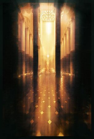 A golden church-like structure with large greek columns.