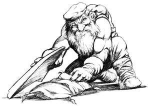 A dwarf placing a satchel charge on the ground.