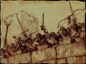 The kingdom's defenders cheer in victory after the siege of Llancarfan.