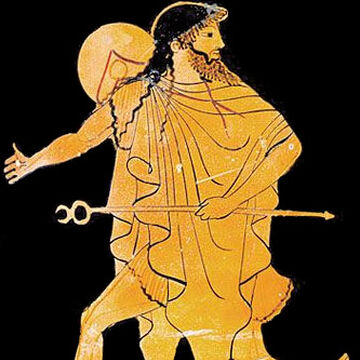 Hermès, messager des dieux, vole sur des bottes ailées. Il tient son kerykeion ou sa baguette de héraut à la main et porte un pétase et une chlamyde.jpg
