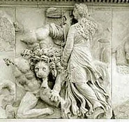 The goddess Ceto aiding her father Pontus in the mythological war known as the Gigantomachy – c. 166–156 BC – Gigantomachy Frieze, Pergamon Altar of Zeus