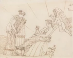 Phoebe giving the baby Apollo the oracular tripod as a gift, with Leto seated. Scene from Aeschylus' Eumenides. By John Flaxman (1795)