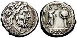 Roman coin, with bearded head on front and standing figure on reverse