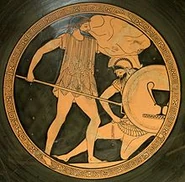 Poseidon (left) holding a trident, with the island Nisyros on his shoulder, battling a Giant (probably Polybotes), red-figure cup c. 500–450 BC