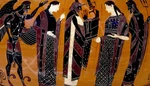 A black-figure vase depicting from the left a wind-god, Artemis?, Apollo with lyre, Athena?, and Poseidon with trident, dated circa 545-530 BC. Attributed to the Princeton Painter.