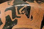 Eurystheus hiding in a storage jar whilst Heracles shows him the Erynamthian boar