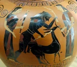 Heracles captures the Ceryneian Hind. Athena (left) and Artemis (right) look onto him. Attic Black Figure Amphora, Attributed as Close to Group E. ca. 540 - 530 B.C.
