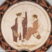 A muse, maybe Calliope, with a lyre is sitting, while Apollo stands beside her.