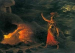 Hervǫr wakes her father Angantýr's ghost from his barrow to demand the cursed sword Tyrfingr Oil painting by Christian Gottlieb Kratzenstein-Stub (1783–1816)