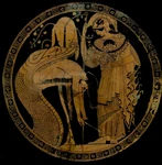 Attic red-figure kylix painting from c. 480-470 BC, attributed to the painter, Douris. Showing Athena observing as the Colchian dragon disgorges the hero, Jason.