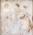 Phoebe (right) pacifying Leto (left) and Niobe (center). Two Niobids, Hilearia and Agle play knucklebones on the bottom, fresco of Herculaneum, 1st century AD. National Archaeological Museum, Naples