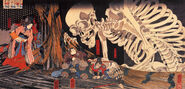 Mitsukuni defying the skeleton spectre invoked by princess Takiyasha