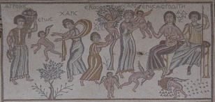 Aphrodite and Adonis are accompanied by a retinue of three Charites, six Erotes and Agroikis. The goddess is seated beside her lover Adonis on the far right. Greco-Roman floor mosaic, Church of the Virgin Mary, Madaba. (ca