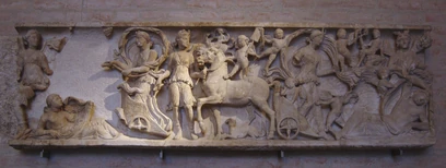 Roman Sarcophagus of Selene and Endymion, Hypnos on the far right with wings on his head, pours a sleeping potion over Endymion. ca. 180 CE.