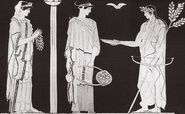 Leto, on the far left, depicted at a shrine, probably Delphi or Delos.