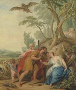 Jupiter, disguised as a shepherd, tempts Mnemosyne by Jacob de Wit (1727)