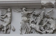Asteria at the right of her mother Phoebe who is holding a torch, a scene of the Gigantomachy at the Pergamon altar.