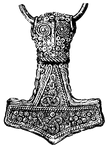 Drawing of a 4.6 cm gold-plated silver Mjöllnir pendant found at Bredsätra on Öland, Sweden.