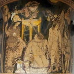Orestes at Delphi, flanked by Athena and Pylades, among the Erinyes and the priestesses of the oracle. Paestan red-figure bell-krater, (c. 330 BC.)