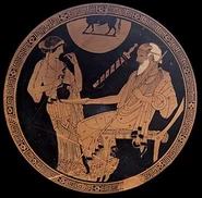 According to some sources, this cup shows Hecamede mixing kykeon for Nestor. Tondo of an Attic red-figure cup, c. 490 BC. From Vulci.