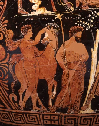 Cretheus crowning a horse (Hippe?), while Aeolus is holding a bird-tipped scepter