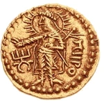 Coinage of Kushan ruler Kanishka I (obv. not shown) with Miiro (Μιιρο), "Mithra" (rev. shown here). c. 120–150 CE