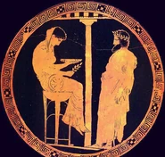 Themis as the Oracle of Delphi, offering advice to King Aegeus.