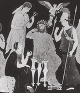 Shown at the bottom left corner, sitting on a rock, Themis offers advice to Zeus.
