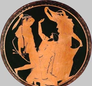 Apollo, Tityos and a goddess (probably Gaia defending her son, or Leto). Attic red-figure kylix, 460–450 BC.