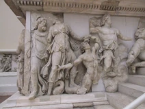 Left to right: Nereus, Doris, a Giant (kneeling), Oceanus, detail from the Pergamon Altar Gigantomachy.