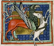 Image of a Griffin attacking a horse, from an English bestiary (c. 1226–1250 CE), Folio 11v, from the Bodleian Library, Oxford, England. Shelfmark: Bodleian Library MS. Bodl. 764.