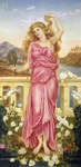 Helen of Troy by Evelyn De Morgan (1898), Helen admiringly displays a lock of her hair, as she gazes into a mirror decorated with the nude Aphrodite.