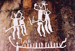 Þórr and Þjálfi (left) face Hrungnir and Mǫkkurkalfi (right) at Tossene Panel 32-1 from Tanum, Böhuslan, Sweden.