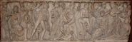 Prometheus creates man: Clotho and Lachesis besides Poseidon (with his trident), and presumably Atropos besides Artemis (with the moon crescent) are seen, Roman sarcophagus (Louvre).