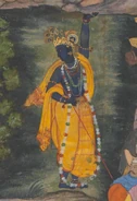 Krishna Holds Up Mount Govardhan (In a Mughal Painting)