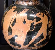 Leto (left) watches her son Apollo (middle) as he shoot Tityos (right) who tried to rape her. Side A from an Attic red-figured pelike, ca. 450–440 BC. Attributed to Polygnotos