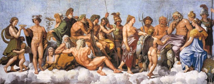 "The Council of the Gods," a fresco by Raphael (c. 1517-1518). This fresco, located at the Villa Farnesina in Rome, depicts the popular gods of the Greco-Roman world.