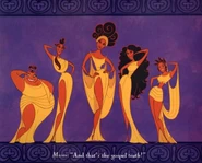 Calliope (centre), with Thalia (far left), Cleo (mid-left), Melpomene (mid-right) and Terpsichore (far right)