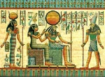 Amentet and Horakhty are enthroned and surrounded by Horus and Hathor