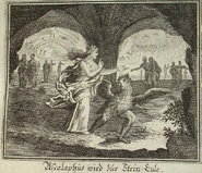 Demeter turning Ascalaphus into an owl. Engraving by Johann Ulrich Kraus, 1690