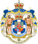 Hercules as heraldic supporters in the royal arms of Greece, in use 1863–1973. The phrase "Ηρακλείς του στέμματος" ("Defenders of the Crown") has pejorative connotations ("chief henchmen") in Greek.