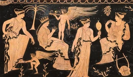 Eurynome (far left) wearing her sandal with the help of  at the bottom. c. 425-400 B.C.