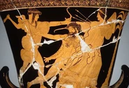 Apollo rescues his mother Leto from the giant Tityos. Attic Red Figure Krater, ca. 470 - 465 B.C. Attributed to the Aegisthus Painter