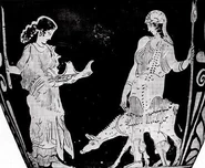 Themis, holding a torch and a tray, stands across Bendis, a Thracian goddess.
